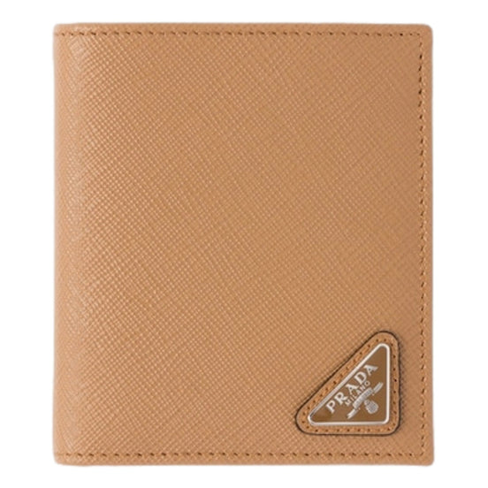 Prada Caramel Saffiano Leather Silver Triangle Logo Bifold Card Holder Wallet available at Queen Bee of Beverly Hills