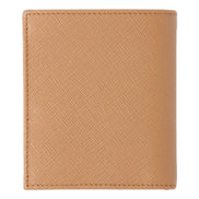 Prada Caramel Saffiano Leather Silver Triangle Logo Bifold Card Holder Wallet available at Queen Bee of Beverly Hills
