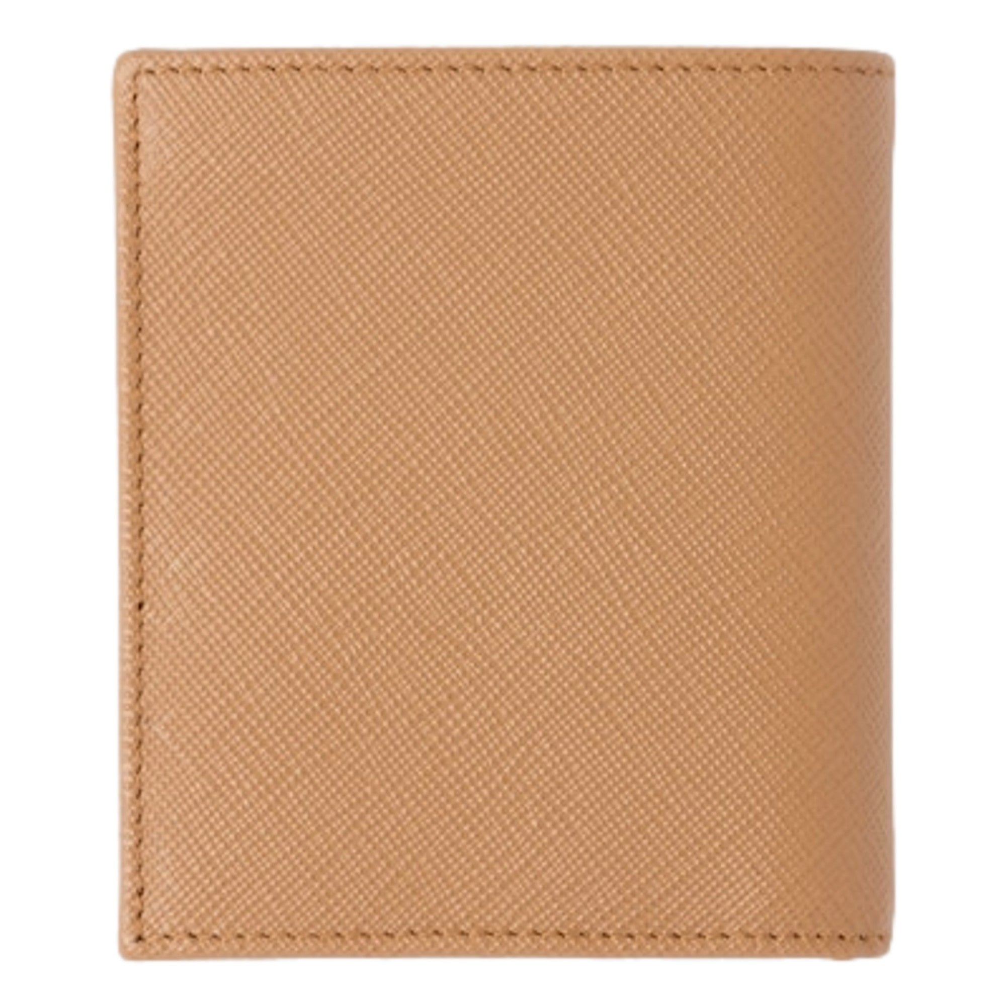 Prada Caramel Saffiano Leather Silver Triangle Logo Bifold Card Holder Wallet available at Queen Bee of Beverly Hills