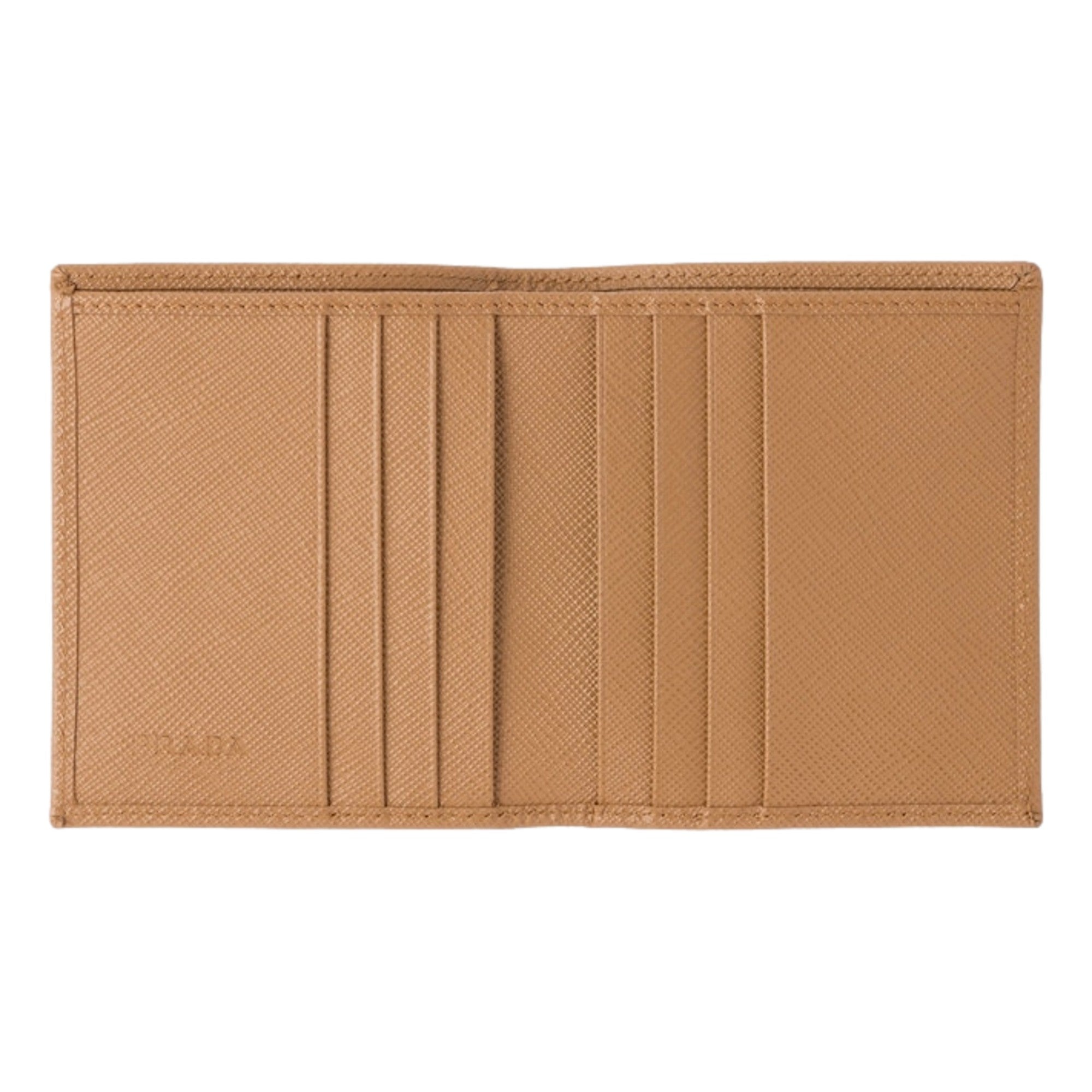 Prada Caramel Saffiano Leather Silver Triangle Logo Bifold Card Holder Wallet available at Queen Bee of Beverly Hills