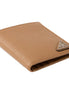 Prada Caramel Saffiano Leather Silver Triangle Logo Bifold Card Holder Wallet available at Queen Bee of Beverly Hills
