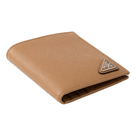 Prada Caramel Saffiano Leather Silver Triangle Logo Bifold Card Holder Wallet available at Queen Bee of Beverly Hills