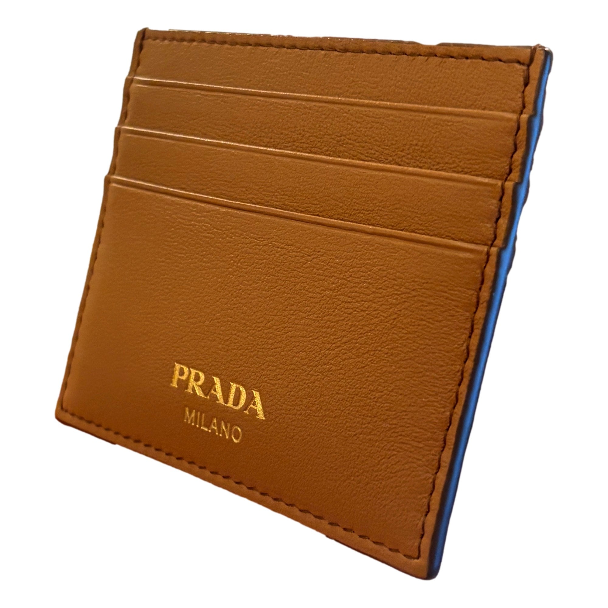 Prada Caramel Soft Grain Leather Gold Embossed Logo Card Holder Wallet available at Queen Bee of Beverly Hills