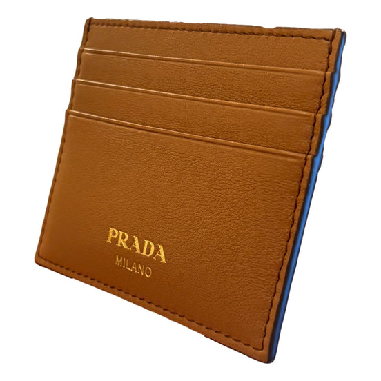 Prada Caramel Soft Grain Leather Gold Embossed Logo Card Holder Wallet available at Queen Bee of Beverly Hills