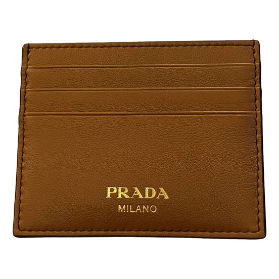 Prada Caramel Soft Grain Leather Gold Embossed Logo Card Holder Wallet available at Queen Bee of Beverly Hills