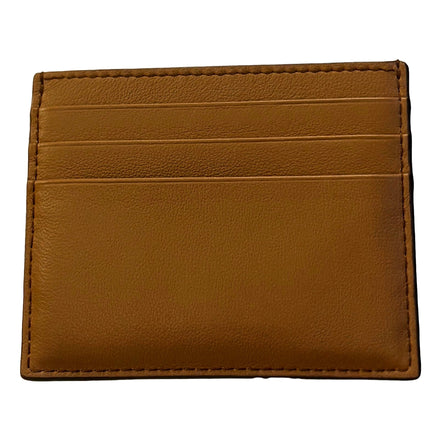 Prada Caramel Soft Grain Leather Gold Embossed Logo Card Holder Wallet available at Queen Bee of Beverly Hills