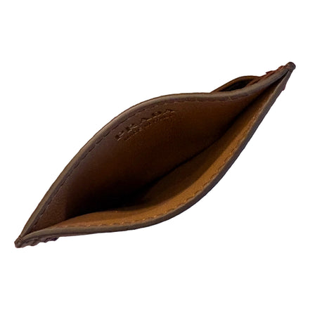Prada Caramel Soft Grain Leather Gold Embossed Logo Card Holder Wallet available at Queen Bee of Beverly Hills