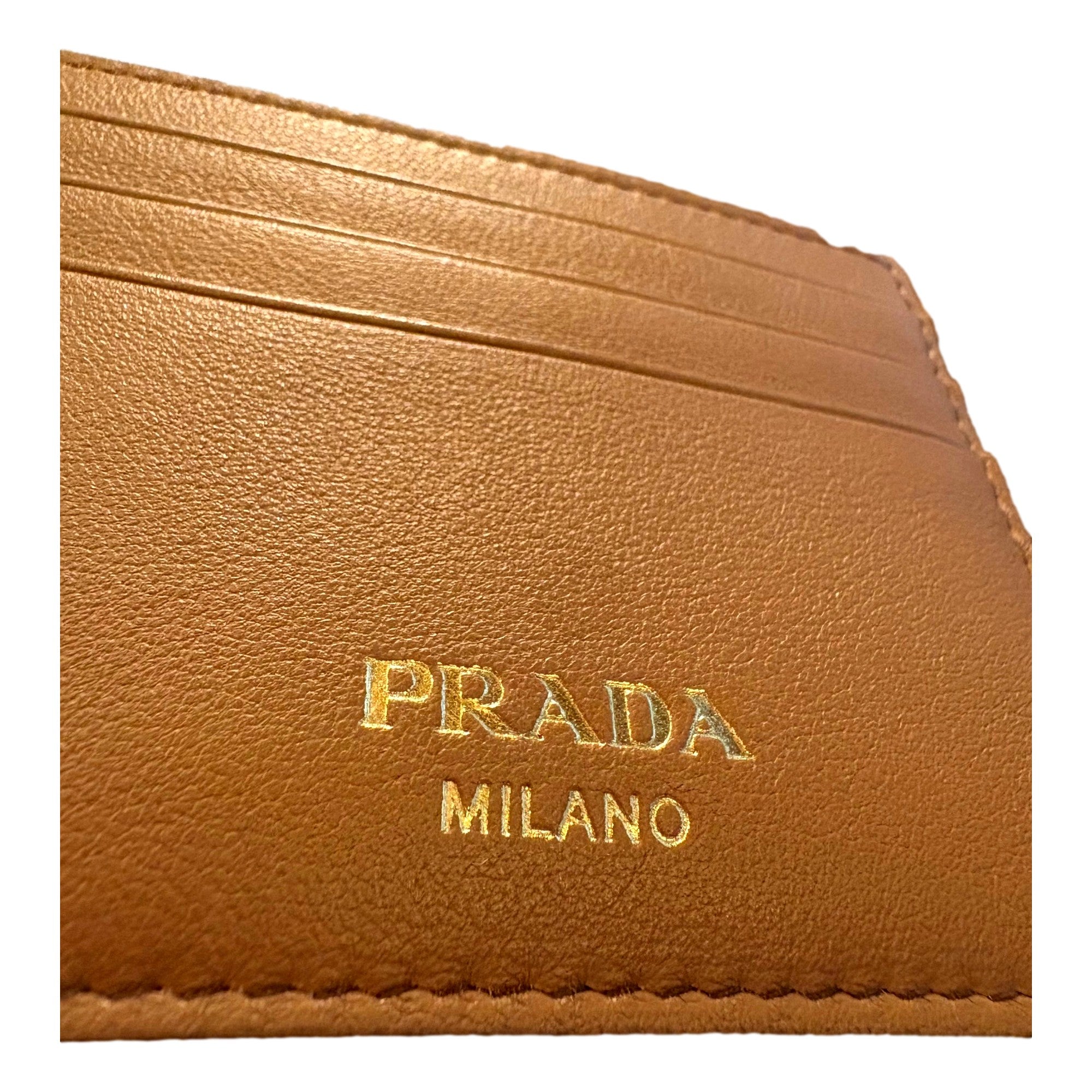 Prada Caramel Soft Grain Leather Gold Embossed Logo Card Holder Wallet available at Queen Bee of Beverly Hills
