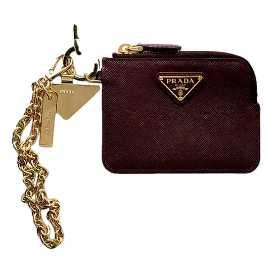 Prada Burgundy Saffiano Leather Card Holder with Chain Strap - available at Queen Bee of Beverly Hills. 