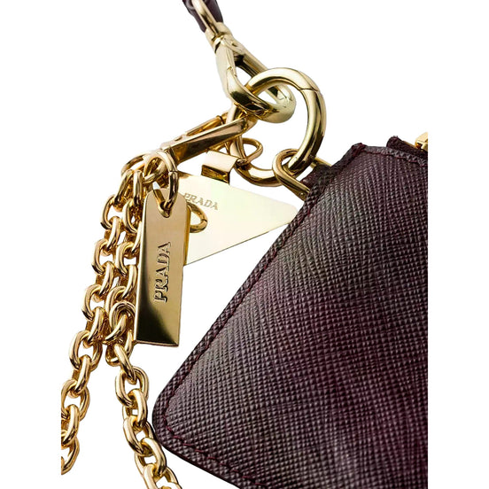 Prada Burgundy Saffiano Leather Card Holder with Chain Strap - available at Queen Bee of Beverly Hills. 