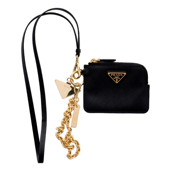 Prada Black Saffiano Leather Card Holder with Shoulder Strap - available at Queen Bee of Beverly Hills. 