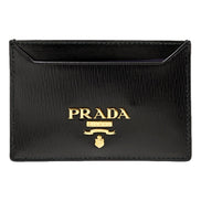 Prada Black Vitello Move Leather Gold Logo Card Holder Wallet - available at Queen Bee of Beverly Hills. 