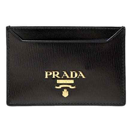 Prada Black Vitello Move Leather Gold Logo Card Holder Wallet - available at Queen Bee of Beverly Hills. 