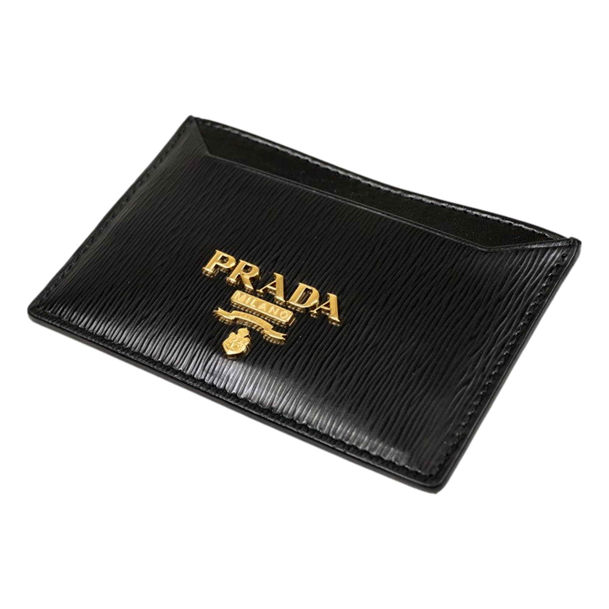 Prada Black Vitello Move Leather Gold Logo Card Holder Wallet - available at Queen Bee of Beverly Hills. 