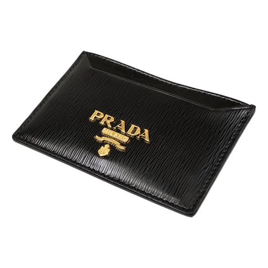 Prada Black Vitello Move Leather Gold Logo Card Holder Wallet - available at Queen Bee of Beverly Hills. 