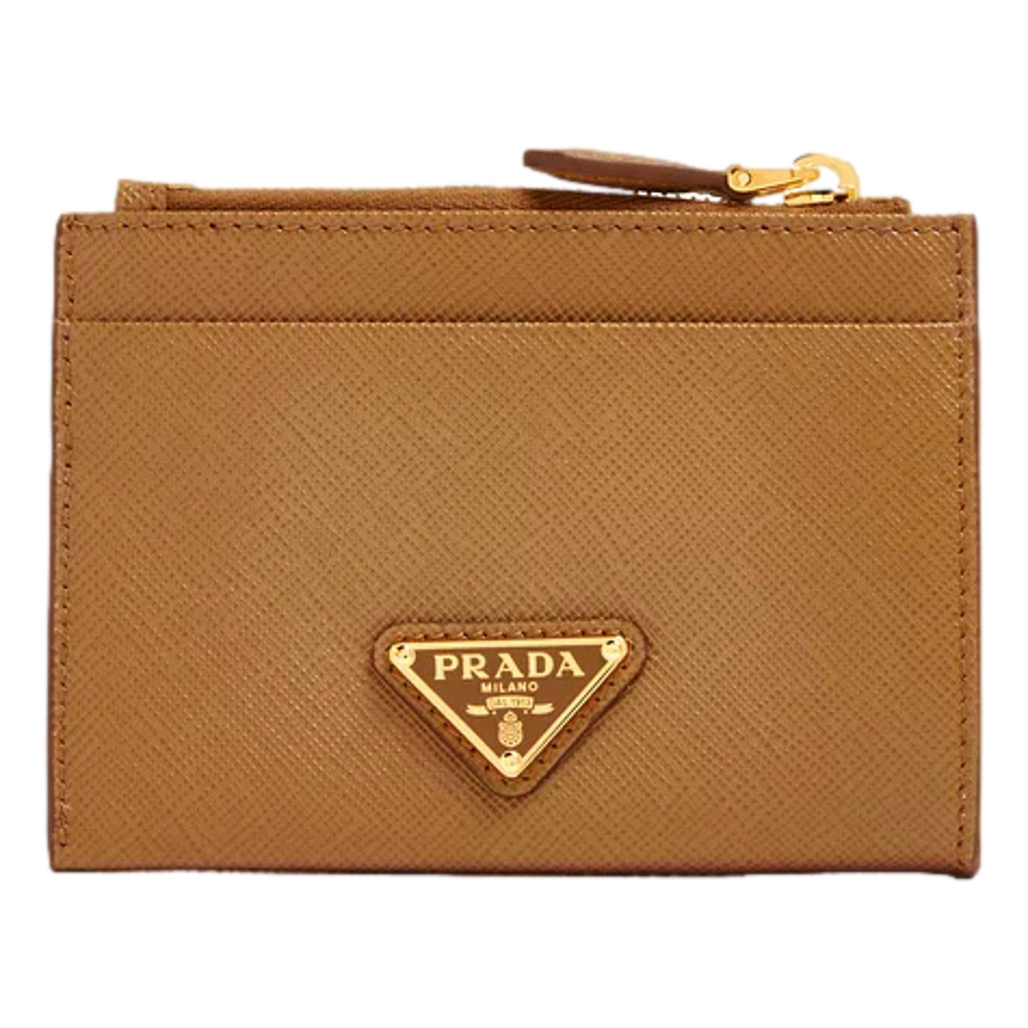 Prada Saffiano Caramel Brown Leather Zip Card Holder Wallet