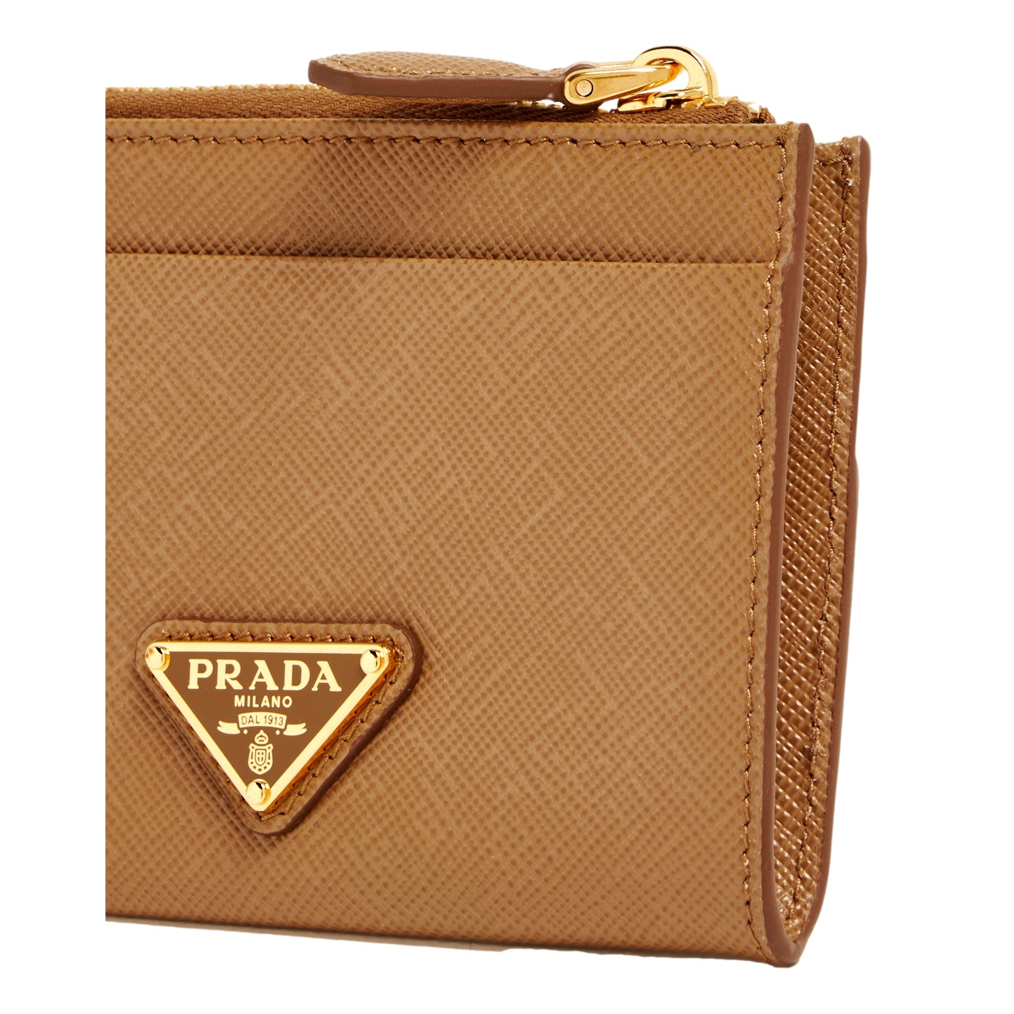 Prada Saffiano Caramel Brown Leather Zip Card Holder Wallet