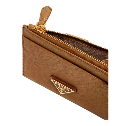 Prada Saffiano Caramel Brown Leather Zip Card Holder Wallet