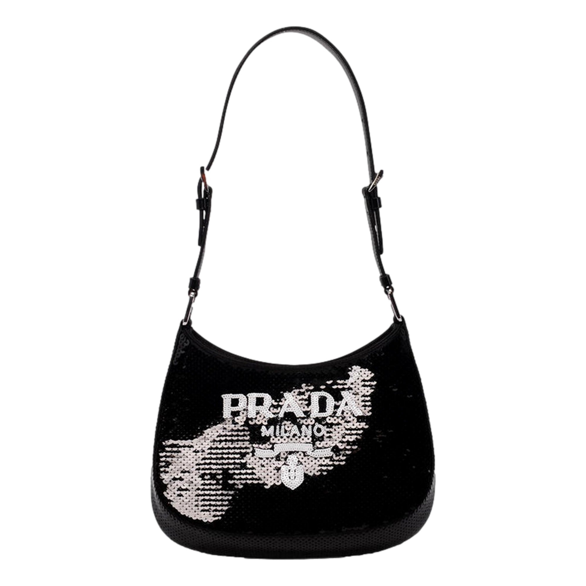 Prada Cleo Black and White Sequin Milano Logo Mini Leather Shoulder Bag available at Queen Bee of Beverly Hills