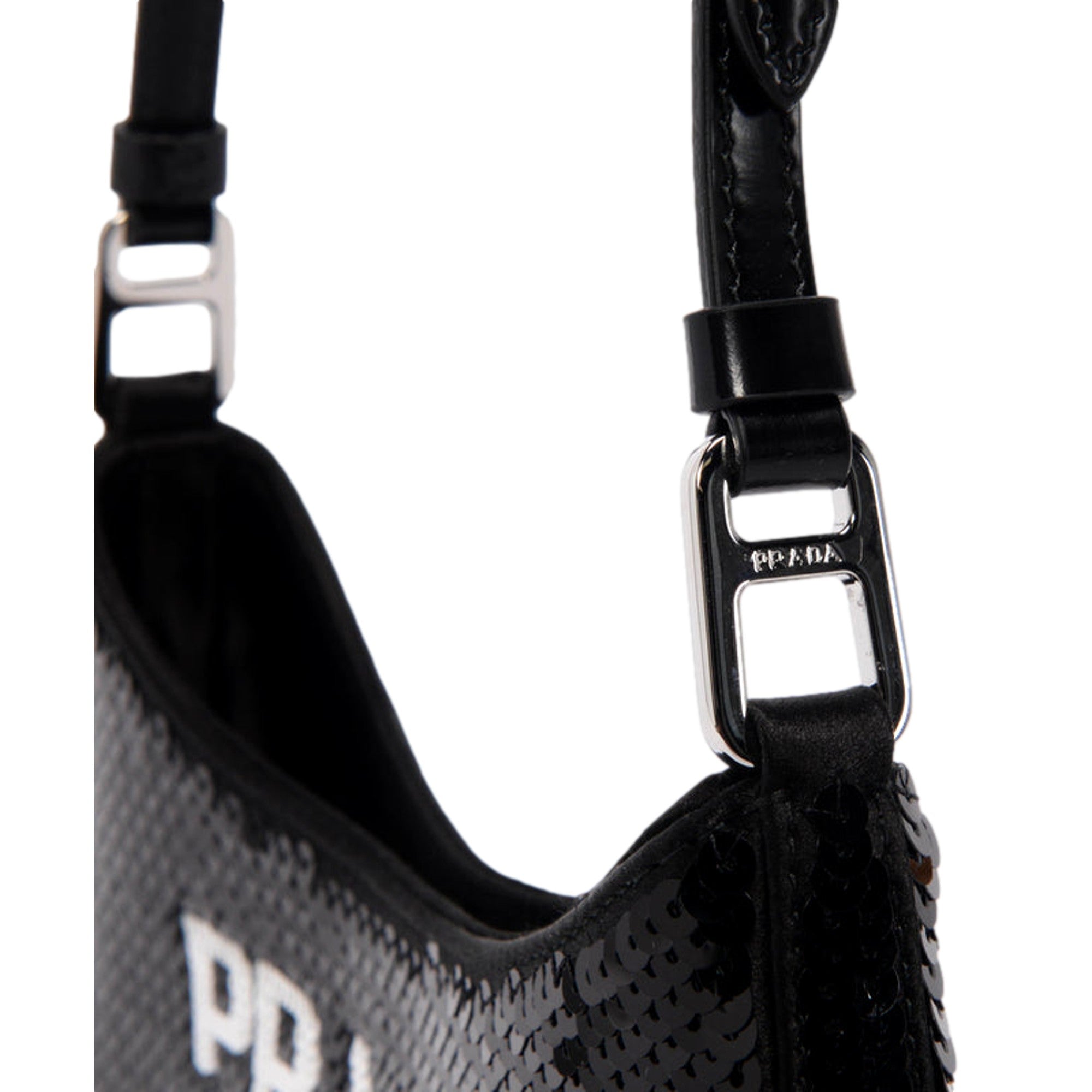 Prada Cleo Black and White Sequin Milano Logo Mini Leather Shoulder Bag available at Queen Bee of Beverly Hills