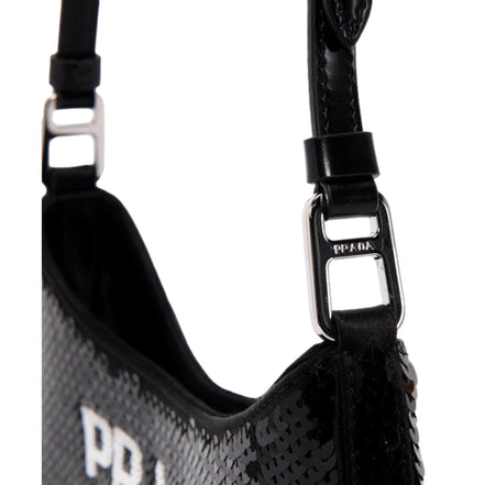 Prada Cleo Black and White Sequin Milano Logo Mini Leather Shoulder Bag available at Queen Bee of Beverly Hills