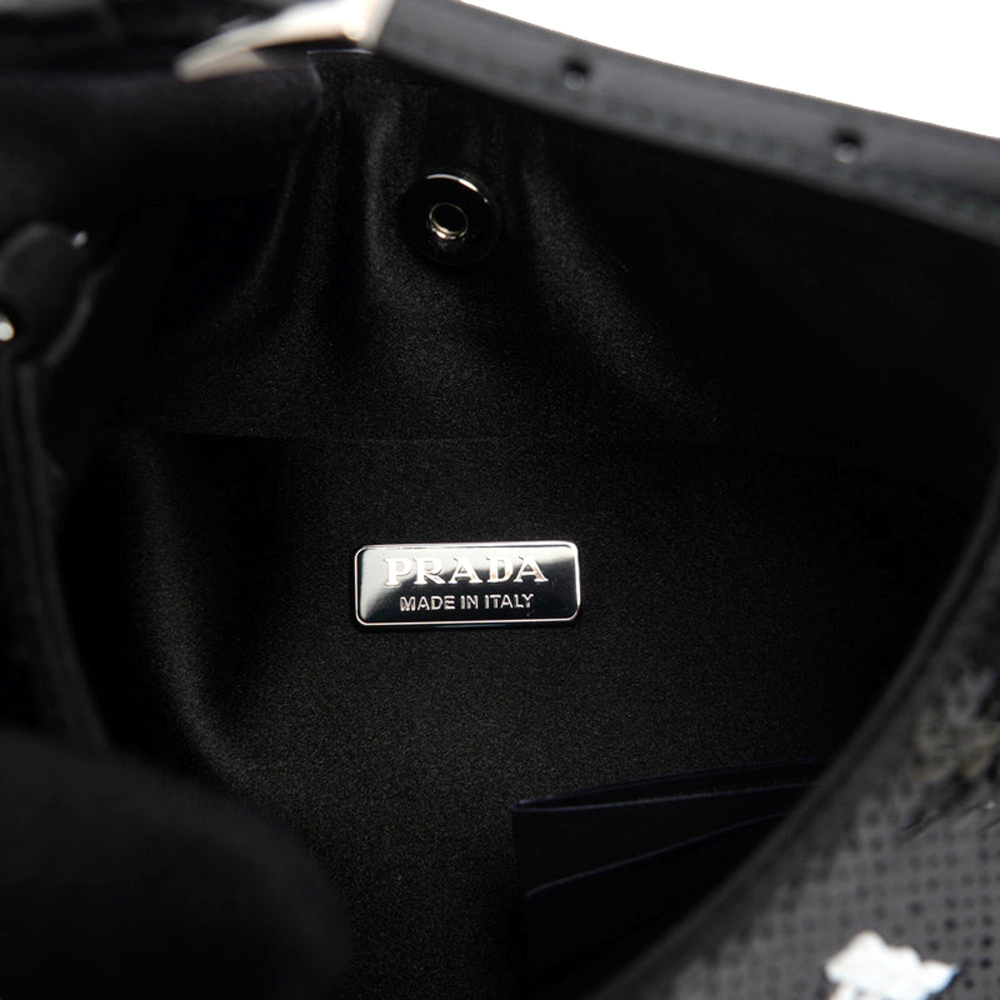 Prada Cleo Black and White Sequin Milano Logo Mini Leather Shoulder Bag available at Queen Bee of Beverly Hills