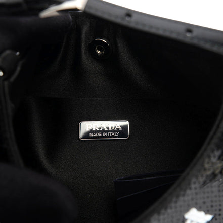 Prada Cleo Black and White Sequin Milano Logo Mini Leather Shoulder Bag available at Queen Bee of Beverly Hills