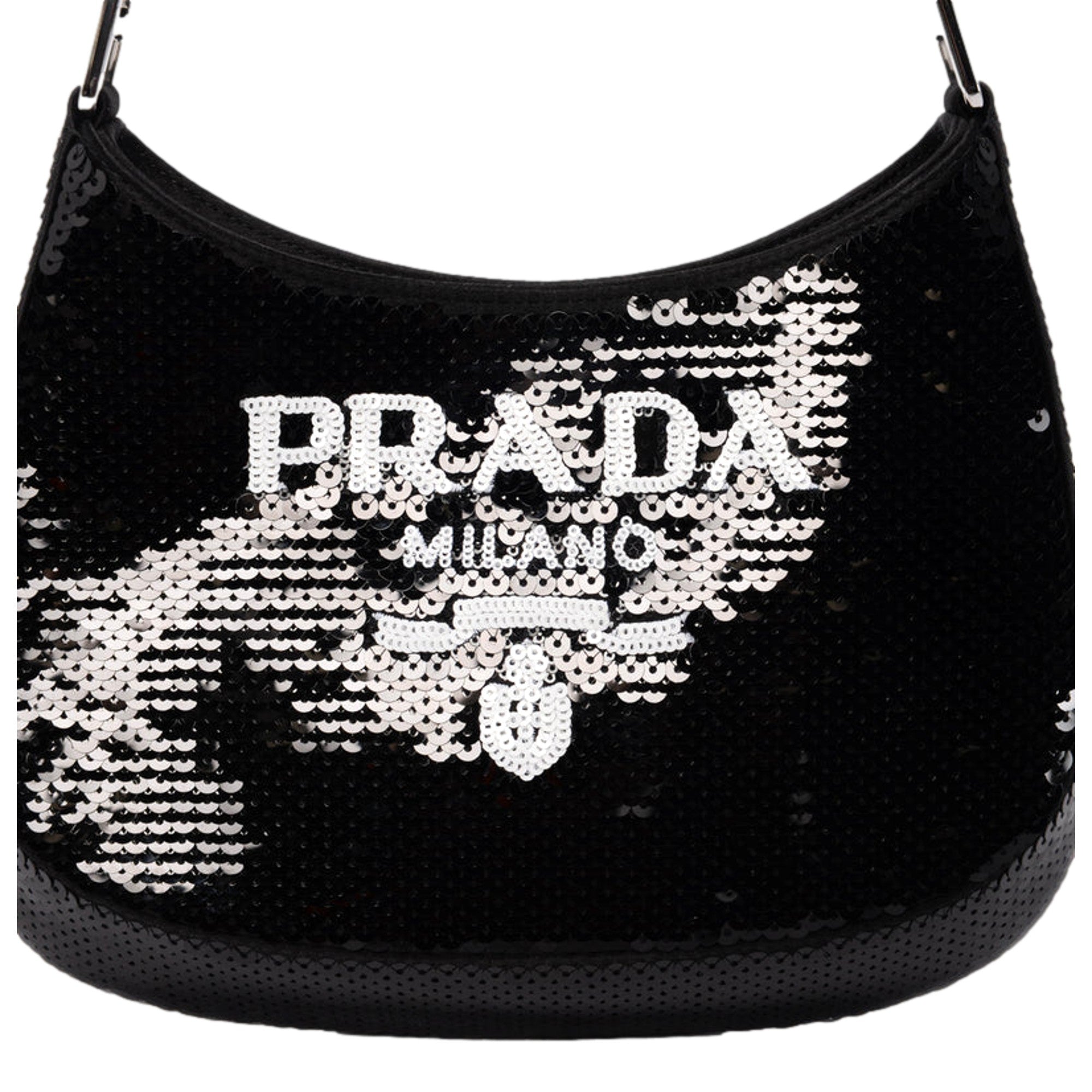 Prada Cleo Black and White Sequin Milano Logo Mini Leather Shoulder Bag available at Queen Bee of Beverly Hills