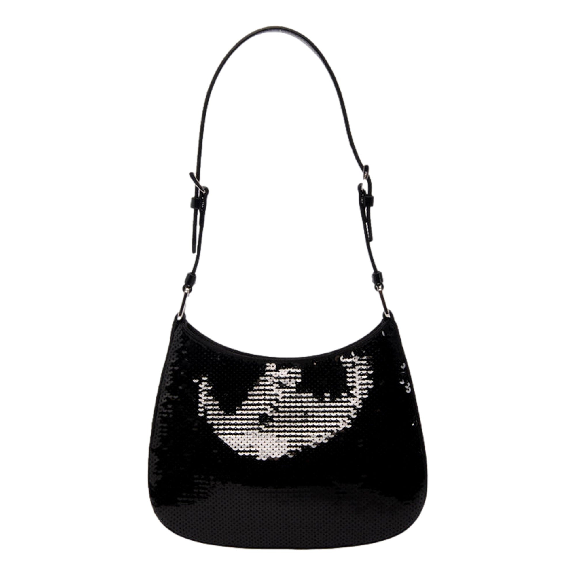 Prada Cleo Black and White Sequin Milano Logo Mini Leather Shoulder Bag available at Queen Bee of Beverly Hills