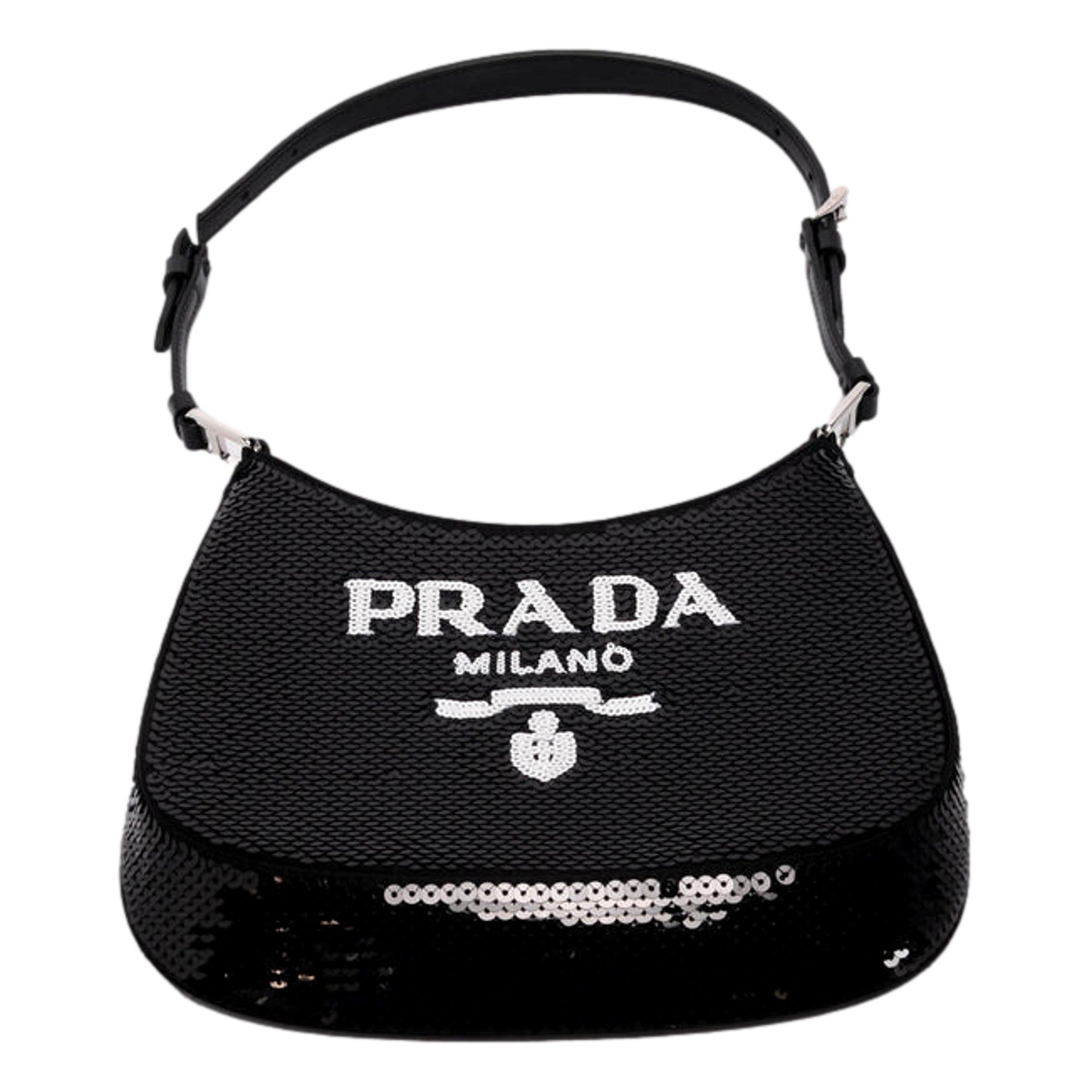 Prada Cleo Black and White Sequin Milano Logo Mini Leather Shoulder Bag available at Queen Bee of Beverly Hills