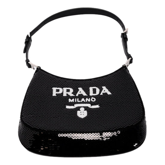 Prada Cleo Black and White Sequin Milano Logo Mini Leather Shoulder Bag available at Queen Bee of Beverly Hills