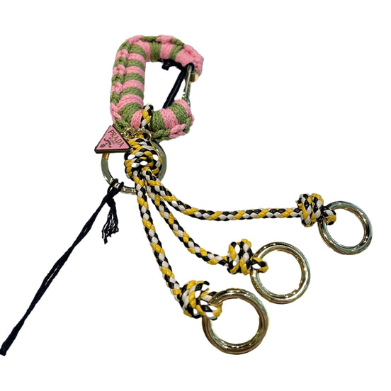 Prada Pink and Green Striped Crochet Carabiner Keychain with Braided Yellow Leather Cords