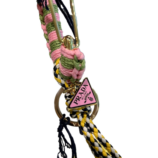 Prada Pink and Green Striped Crochet Carabiner Keychain with Braided Yellow Leather Cords