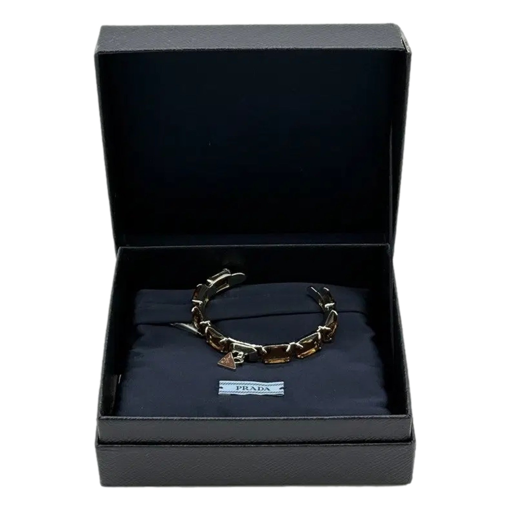 Prada Triangolo Silver Tone Brown Crystal Cuff Bracelet Triangle Logo