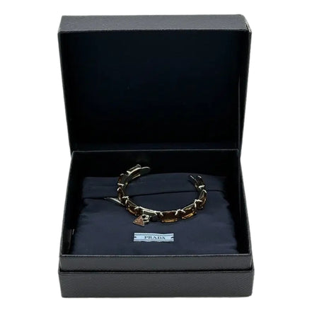 Prada Triangolo Silver Tone Brown Crystal Cuff Bracelet Triangle Logo