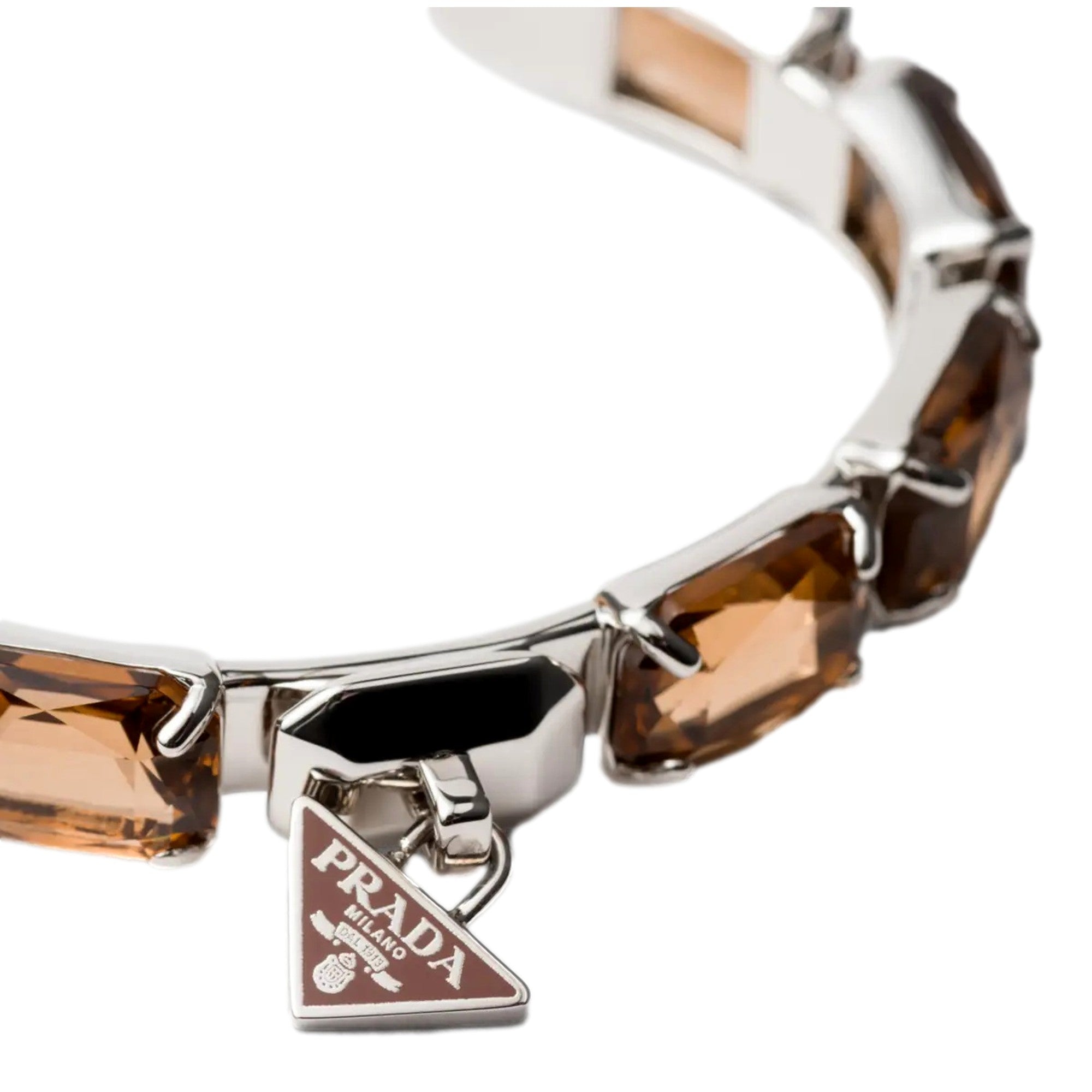 Prada Triangolo Silver Tone Brown Crystal Cuff Bracelet Triangle Logo