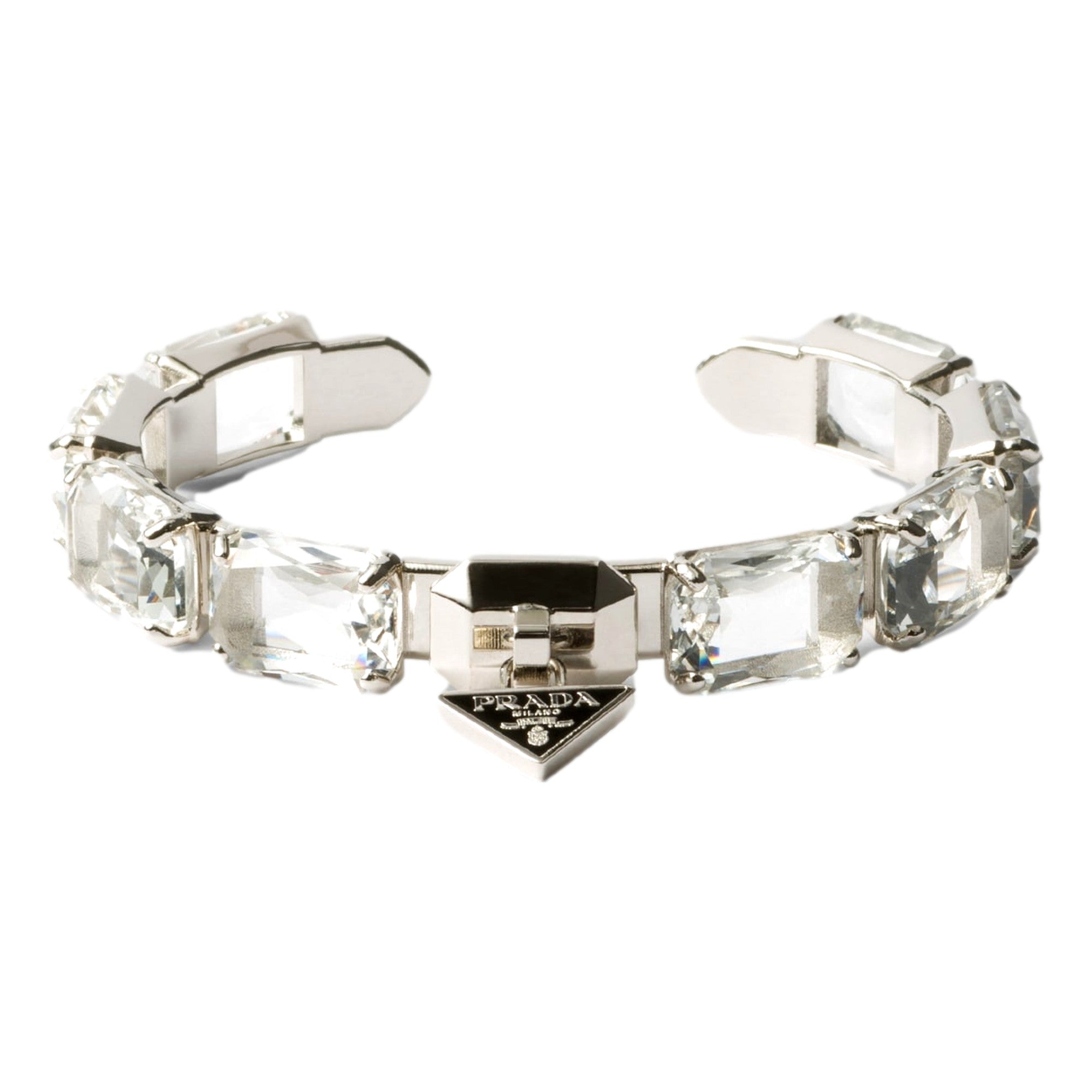 Prada Triangolo Silver Tone Crystal Cuff Bracelet Triangle Logo