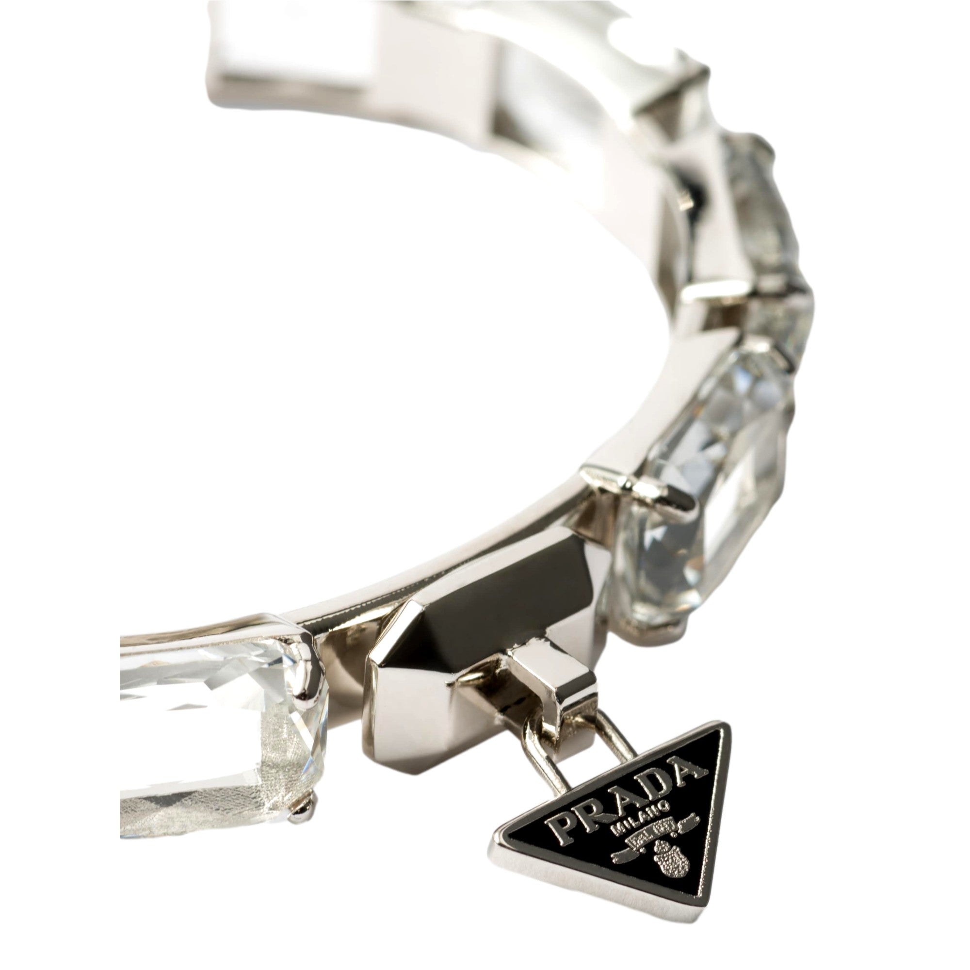 Prada Triangolo Silver Tone Crystal Cuff Bracelet Triangle Logo