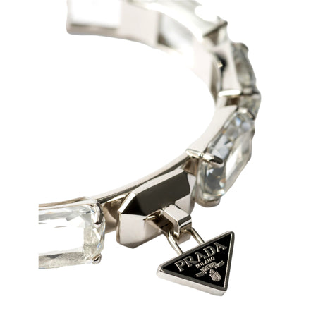 Prada Triangolo Silver Tone Crystal Cuff Bracelet Triangle Logo