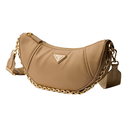 Prada Demi Lune Re-Nylon Crescent Shoulder Bag Beige available at Queen Bee of Beverly Hills
