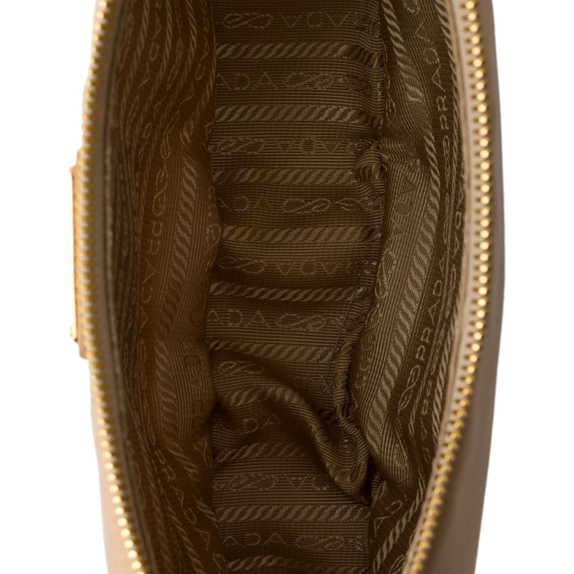 Prada Demi Lune Re-Nylon Crescent Shoulder Bag Beige available at Queen Bee of Beverly Hills