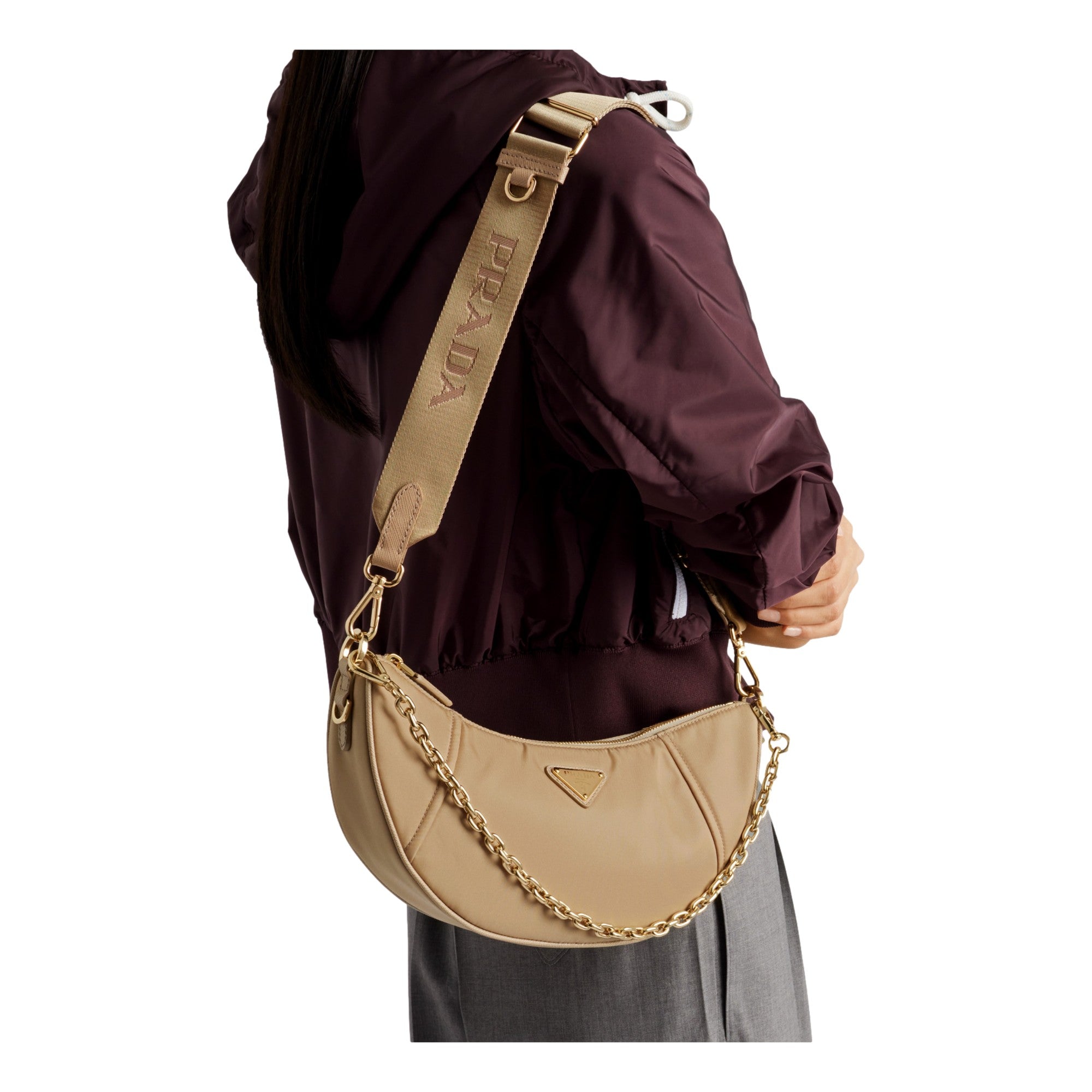 Prada Demi Lune Re-Nylon Crescent Shoulder Bag Beige available at Queen Bee of Beverly Hills