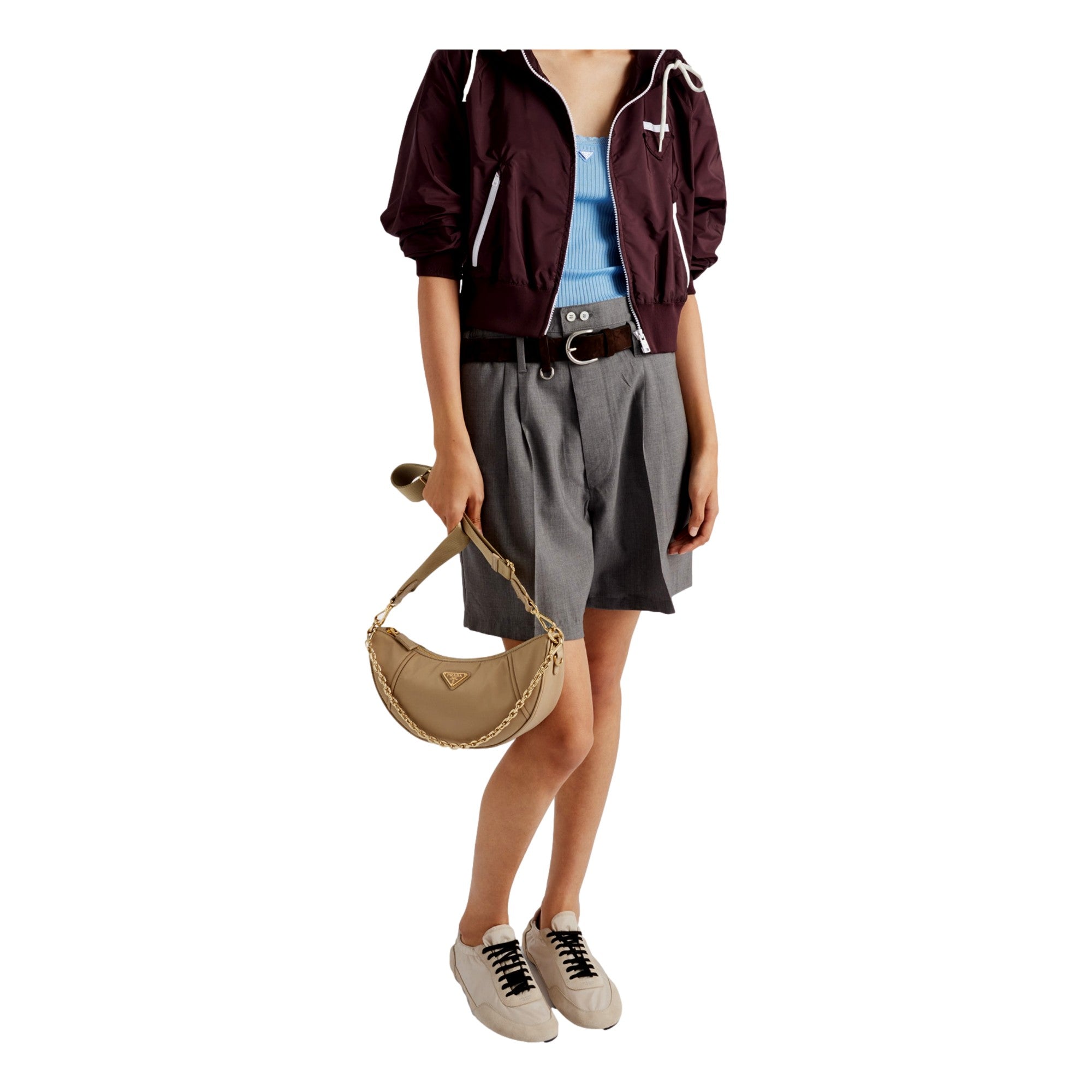 Prada Demi Lune Re-Nylon Crescent Shoulder Bag Beige available at Queen Bee of Beverly Hills