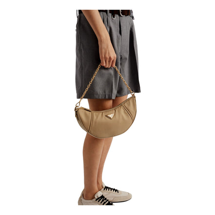 Prada Demi Lune Re-Nylon Crescent Shoulder Bag Beige available at Queen Bee of Beverly Hills