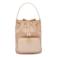 Prada Duet Tessuto Nylon and Ostrich Leather Bucket Bag in Cammeo Beige