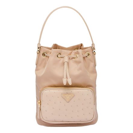 Prada Duet Tessuto Nylon and Ostrich Leather Bucket Bag in Cammeo Beige
