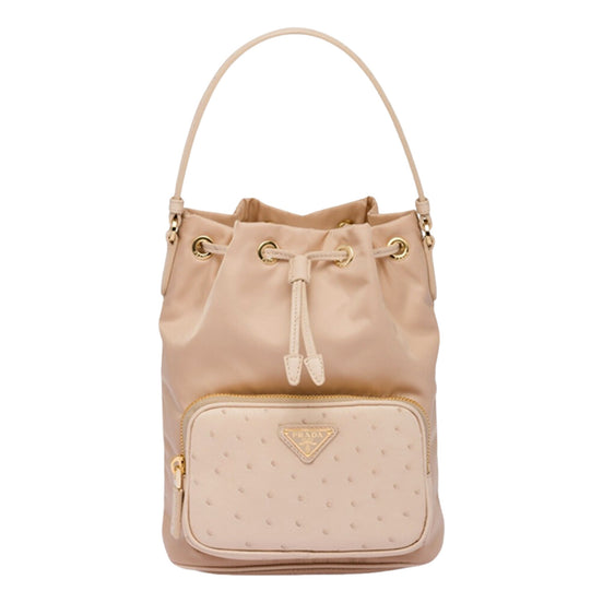 Prada Duet Tessuto Nylon and Ostrich Leather Bucket Bag in Cammeo Beige