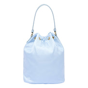 Prada duet orstrich leather and nylon bucket bag in blue available at Queen Bee of Beverly Hills