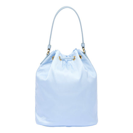 Prada duet orstrich leather and nylon bucket bag in blue available at Queen Bee of Beverly Hills