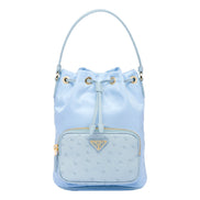 Prada duet orstrich leather and nylon bucket bag in blue available at Queen Bee of Beverly Hills